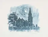 Print - Llanedwen church under moonlight by Kyffin Williams Ra limited edition, print, sold Nov 2024