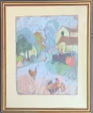 Cotswold village chickens by John Micharl Whiskerd, oil, sold Jul 2026