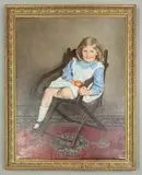 Portrait of a young girl in a blue dress seated in a chair by E. Merlo, 1916, oil, offered Jul 2026