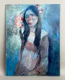 Portrait in blues by Rita Smith, oil on board, offered Jun 2026