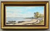 Scottish coastal landscape with highlands distant by G. Montgomery, oil on canvas, sold Jun 2026