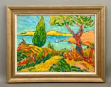 Mediterranean coastal landscape by Antoine Giroux, oil on board, sold Jun 2026