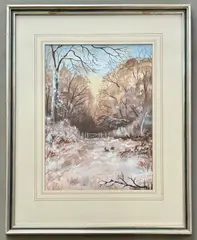 Rabbits in a winter landscape by J. Brown, watercolour, sold Jun 2026