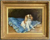Portrait of a King Charles Spaniel on a blue cushion by John Young Hunter, oil on canvas, sold May 2026