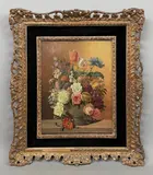 Still life of spring flowers in a stone urn on a table by Karl Heiner, oil on panel, sold May 2026