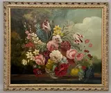 Still life of spring flowers in a glass bowl on a table by E. Sanderman, oil on board, sold May 2026