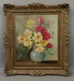 Still life of pink and yellow roses in a turquoise glazed by Stefanie Von Traullweiller, oil on canvas, sold May 2026