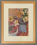 Still life with narcissi and catkin buds in a pale blue vase by Jane Hordern, acrylic on board, sold May 2026
