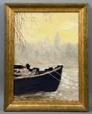 Moored boat on the river Vitava by J. Konupek, oil on canvas, sold May 2026