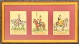 A framed set of three watercolours of historic cavalry by F. Stansell, 1914, pencil, sold May 2026