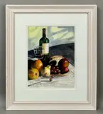 Still life with red wine by Judy Harden, watercolour, sold Apr 2026