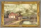 Dutch river landscape with windmill by I. Costello, oil on canvas, sold Mar 2026