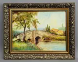 Fittleworth Bridge, River Rother, West Sussex by Len Reid, 1999, oil on board, sold Mar 2026