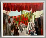 Wool market at Marrakesh by Mabel Burton, oil on board, sold Mar 2026