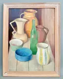 Still life of a striped vase by Mabel Burton, oil on board, sold Mar 2026
