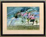 Abstract landscape in pinks and blues by Richard Snowden, gouache and watercolour, sold Mar 2026
