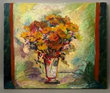 Still life of rudbeckias in a glass vase by Rita Smith, oil on canvas, sold Feb 2026