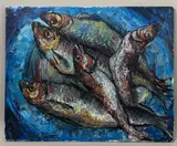 Still life of red bream on a platter by Rita Smith, oil on board, sold Feb 2026