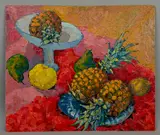 Still life of fruit and a tazza on red by Rita Smith, oil on board, sold Feb 2026