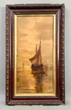 Fishing boats off the coast at dusk by Flora E. S. Kirby, 1909, oil on canvas, sold Feb 2026