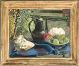 Still life with a pewter teapot by Felicity Charlton, oil on board, sold Feb 2026