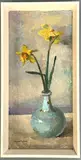 Still life of narcissi in a turquoise bottle vase by Howard Roberts, 1957, oil on board, sold Feb 2026
