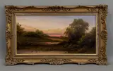 Country landscape with a figure on a country road at dusk by J. Owen, oil on canvas, sold Jan 2026