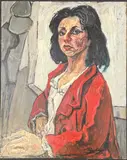 Portrait of a lady in a red jacket by Rita Smith, oil on board, offered Dec 2025