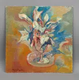 Still life of leaves in a wine glass by Rita Smith, oil on board, sold Dec 2025