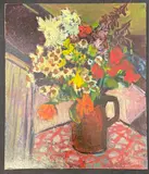Flowers in a brown jug by Rita Smith, oil on board, sold Dec 2025