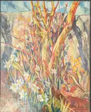 Spring flowers and dogwood by Rita Smith, oil on board, sold Dec 2025