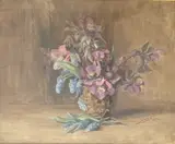 Still life of hellebores and grape hyacinths in a by Violet Laura Caroline Cotton, oil on canvas, sold Dec 2025