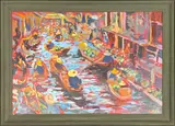 Busy harbour scene in Thailand by Lucy Pratt, oil on board, sold Dec 2025