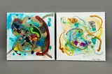 Abstract compositions a pair by Rose Feller, mixed media on canvas, offered Dec 2025