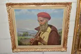 A portrait of a Shepherd playing a flute in a landscape setting by Domokos Pap, 1960, oil on canvas, sold Nov 2021