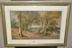 a woodland landscape with an angler beside a river, signed and dated 1879 by Thomas Pyne, 1879, watercolor, offered Nov 2021