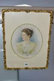 a head and shoulders portrait of a female figure by Florence Hannam, watercolour on paper, offered Nov 2021
