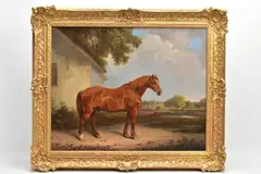 a profile study of a bay horse standing before a whitewashed by Edmund Bristow, oil on canvas, sold Nov 2021