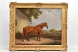 a profile study of a bay horse standing before a whitewashed by Edmund Bristow, oil on canvas, sold Nov 2021