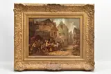 a Continental market scene with figures before a tavern by Alfred Montague, oil on board, sold Nov 2021