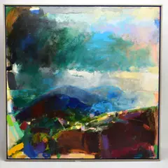 'Native Air', a colourful abstract landscape, signed, titled and dated by David Prentice, 1993, oil on canvas, sold Nov 2021