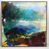 'Native Air', a colourful abstract landscape, signed, titled and dated by David Prentice, 1993, oil on canvas, sold Nov 2021