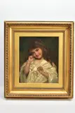 a young girl playing at dressing up with a silk gown and a pair of by Sophie Gengembre Anderson, oil on canvas, sold Nov 2021