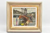 'Newlyn' a fishing trawler berthed in a harbour, signed bottom right, by Ken Howard, 1991, oil on canvas, sold Nov 2021