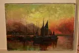 a sunset maritime harbour scene, boats to the foreground, hills to the by Hume Nisbet, 1894, oil on canvas, sold Nov 2021