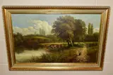 An extensive landscape with cattle drinking in a stream by William P. Cartwright, oil, sold Nov 2021