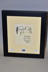 a framed drawing attributed to John Lennon and signed 'To Derek Peace + Love John by John Lennon, sculpture, sold Nov 2021