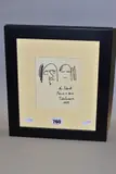a framed drawing attributed to John Lennon and signed 'To Derek Peace + Love John by John Lennon, sculpture, sold Nov 2021