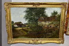 A bucolic country scene of a male figure fishing in a stream by Thomas Spinks, 1881, oil on board, sold Oct 2021