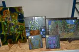 comprising two 6'' x 6'' tiles painted with abstract faces, by Five Tile Paintings By Maria Geurten, Ceramic Painting by Maria Geurten, sold Oct 2021